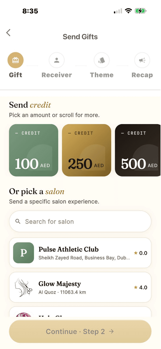MuchGlow — Send gift cards in the app